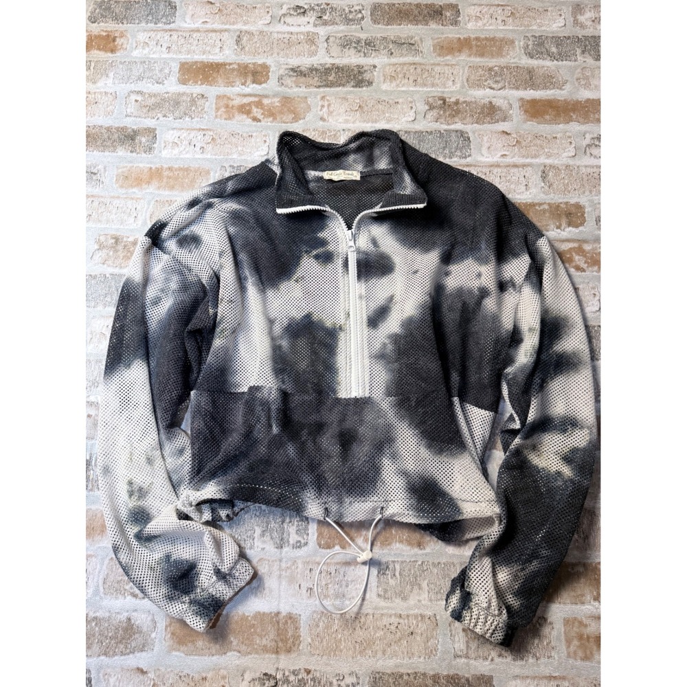 Full Circle Trends Tie Dye Mesh Quarter Zip Cropped Pullover Black White Medium